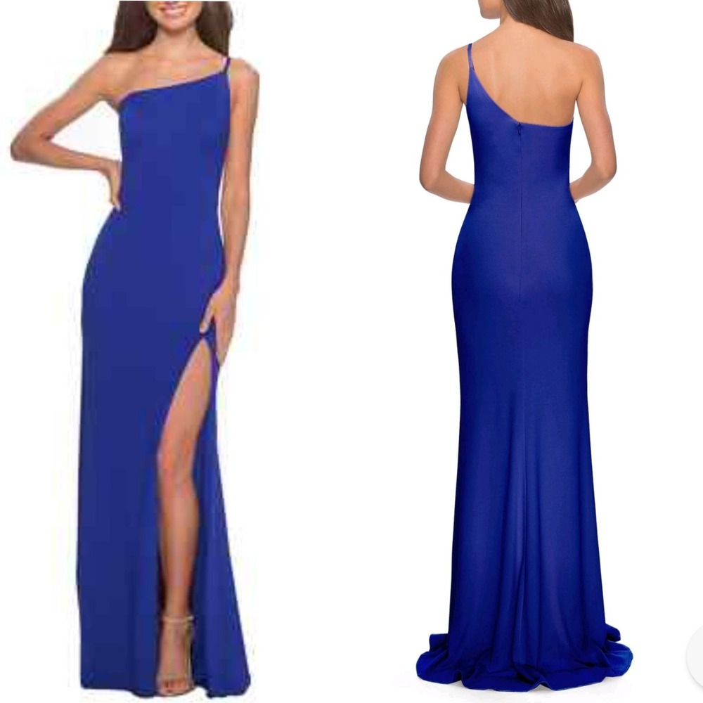 La Femme Royal Blue One Shoulder High Slit Formal Evening Gown Maxi Dress
